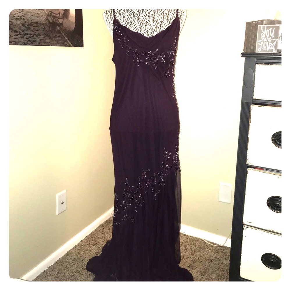 Xscape, purple, beaded gown.